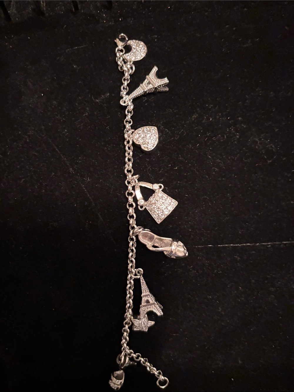 Unlisted Silver Charm Bracelet with Eiffel Tower, Heart, Purse and Shoe